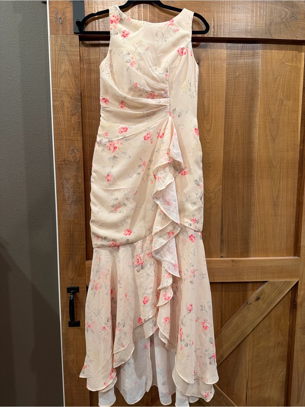 Sleeveless Blush Floral Ruffle Maxi Dress